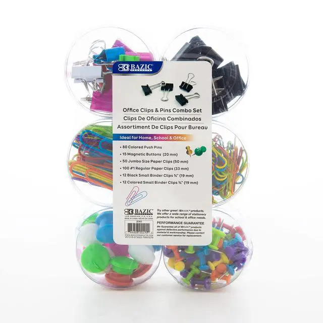 Main image of Office Clips & Pins Set, Push Pins, Clips, Magnets, 12-Case | office clips and pins combo set: 80 push pins, 15 magnetic buttons, 150 paper clips, 24 small binder clips