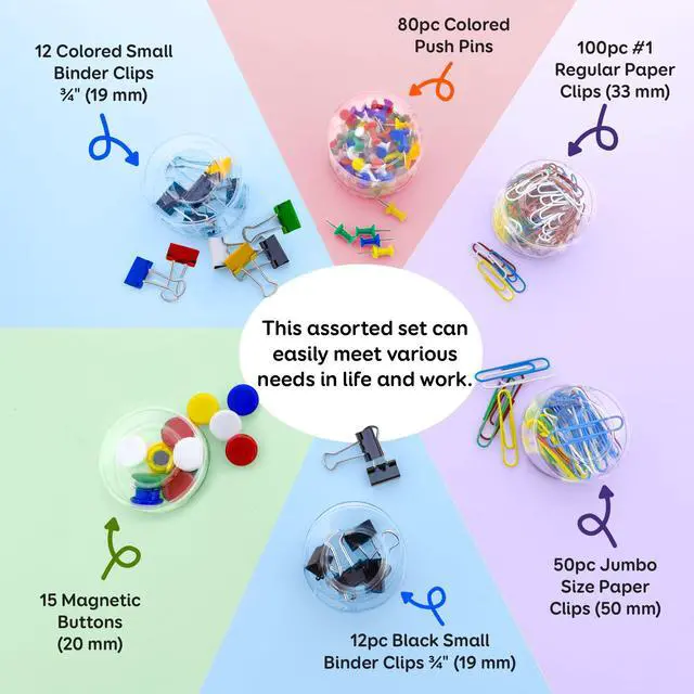 Alt view image 2 of 6 - Office Clips & Pins Set, Push Pins, Clips, Magnets, 12-Case | office clips and pins combo set: 80 push pins, 15 magnetic buttons, 150 paper clips, 24 small binder clips