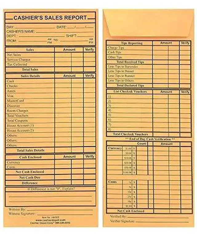 Main image of 2500 Cashier Depot - Cashier's Sales Report Envelope HM305, 4 1/2" x 10 3/8", Sturdy 24lb. Brown Kraft, Gum Flap. Excellent for Sales, Tips, Checks, Vouchers & End-of-Day Cashout Tracking