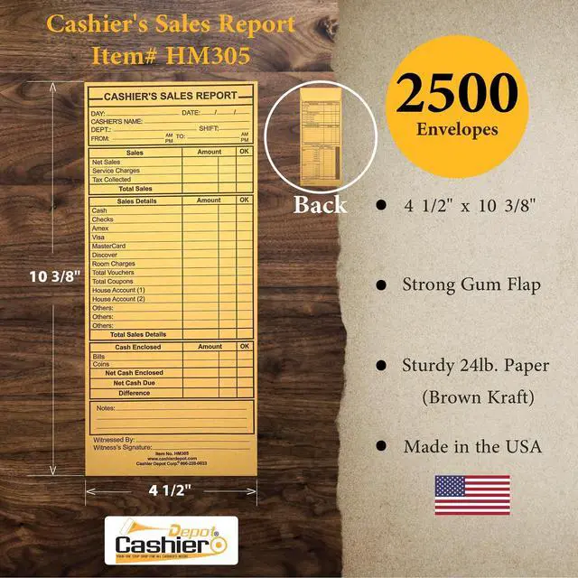 Alt view image 2 of 5 - 2500 Cashier Depot - Cashier's Sales Report Envelope HM305, 4 1/2" x 10 3/8", Sturdy 24lb. Brown Kraft, Gum Flap. Excellent for Sales, Tips, Checks, Vouchers & End-of-Day Cashout Tracking
