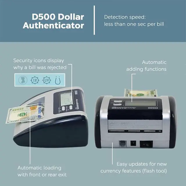 Alt view image 4 of 6 - AccuBANKER D500 5-Point Automatic Counterfeit Bill & Value Money Detector Machine for Suspicious US Dollar Bills. Compact and Reliable, Commercial Grade, UL Listed (Pack of 2)