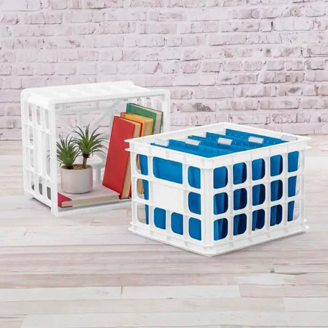 Alt view image 4 of 4 - Storage Crate, Stackable Plastic Bin Open Basket with Handles, Organize Home, Garage, Office, School, White, 18-Pack