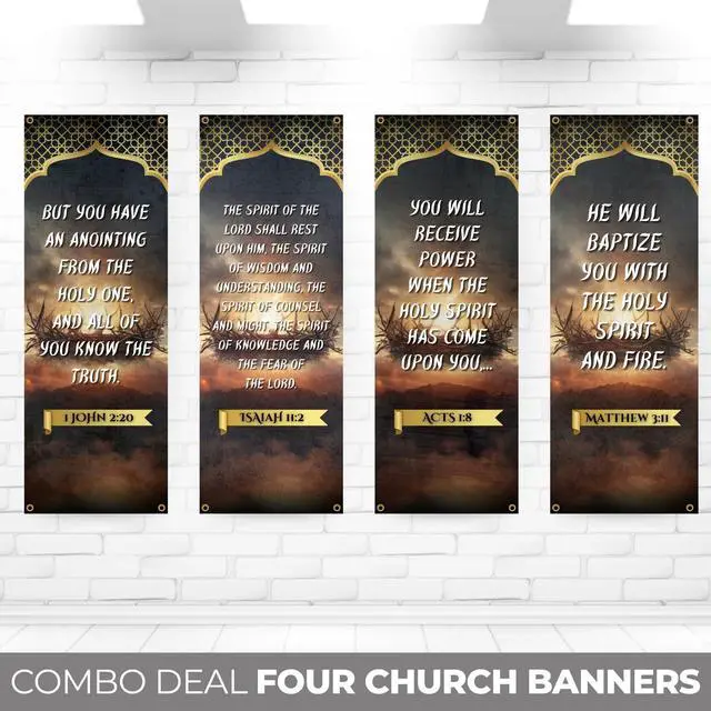 Alt view image 2 of 6 - Church Banners for Sanctuary Wall with Bible Scripture Verses Set of 4 2x5ft Fade Resistant Vinyl Christian Worship, Praise, Welcome Religious Decoration Flags for Church Anniversary & Christmas Event