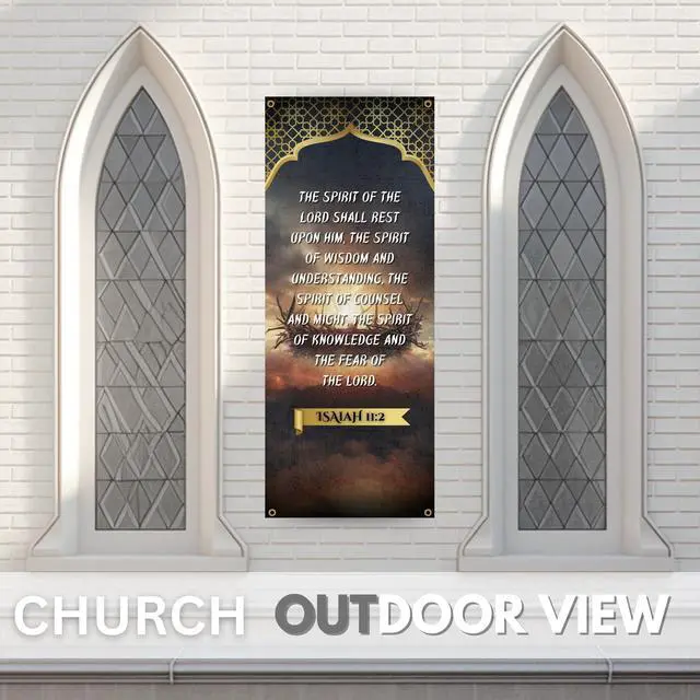 Alt view image 6 of 6 - Church Banners for Sanctuary Wall with Bible Scripture Verses Set of 4 2x5ft Fade Resistant Vinyl Christian Worship, Praise, Welcome Religious Decoration Flags for Church Anniversary & Christmas Event