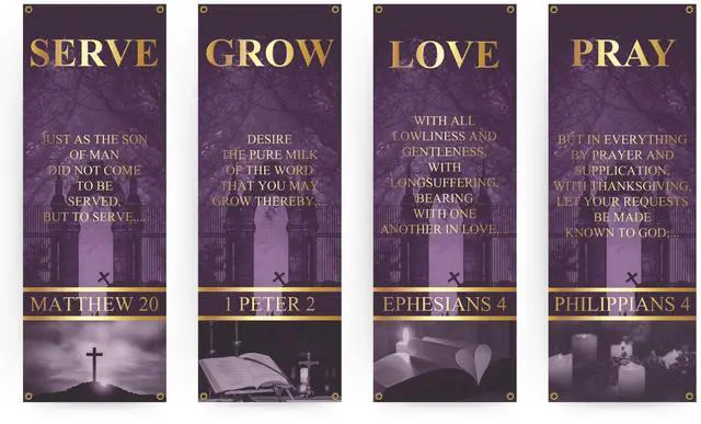 Main image of Church Banners for Sanctuary Wall with Bible Scripture Verses Set of 4 2x5ft Fade Resistant Vinyl Christian Worship, Praise, Welcome Religious Decoration Flags for Church Anniversary & Christmas Event