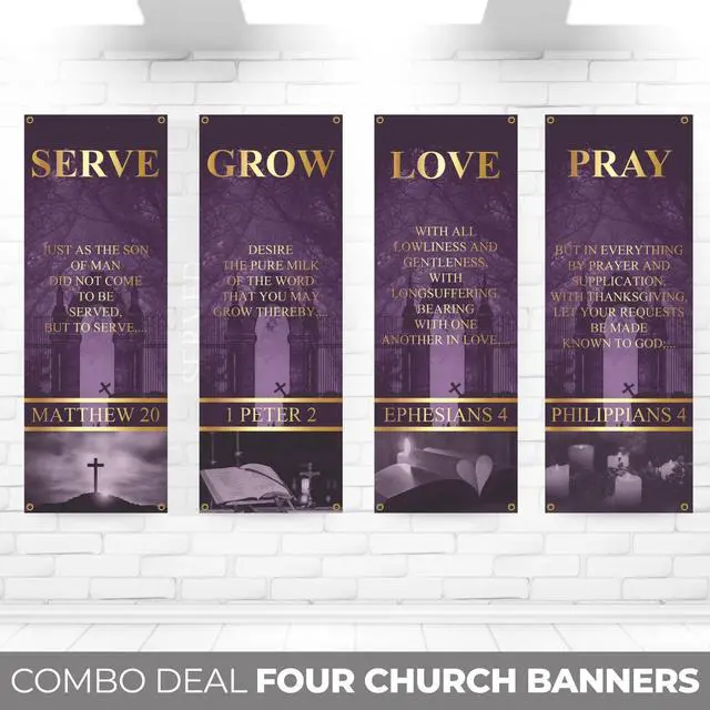 Alt view image 2 of 6 - Church Banners for Sanctuary Wall with Bible Scripture Verses Set of 4 2x5ft Fade Resistant Vinyl Christian Worship, Praise, Welcome Religious Decoration Flags for Church Anniversary & Christmas Event