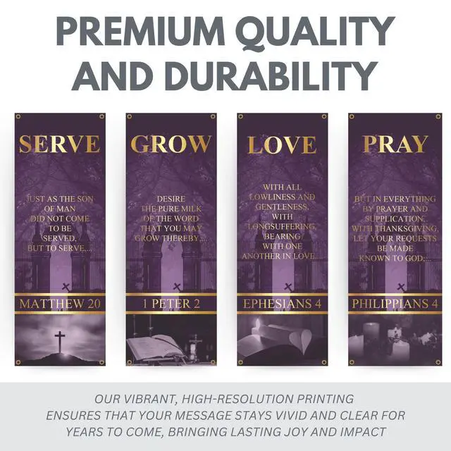 Alt view image 3 of 6 - Church Banners for Sanctuary Wall with Bible Scripture Verses Set of 4 2x5ft Fade Resistant Vinyl Christian Worship, Praise, Welcome Religious Decoration Flags for Church Anniversary & Christmas Event