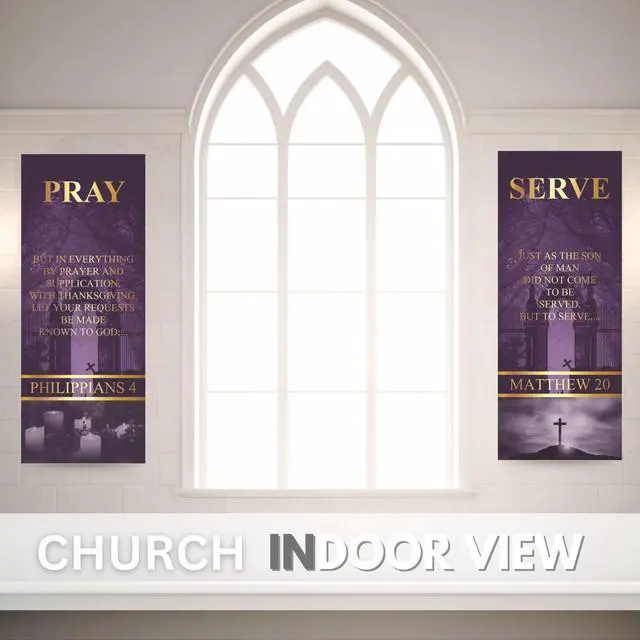 Alt view image 4 of 6 - Church Banners for Sanctuary Wall with Bible Scripture Verses Set of 4 2x5ft Fade Resistant Vinyl Christian Worship, Praise, Welcome Religious Decoration Flags for Church Anniversary & Christmas Event