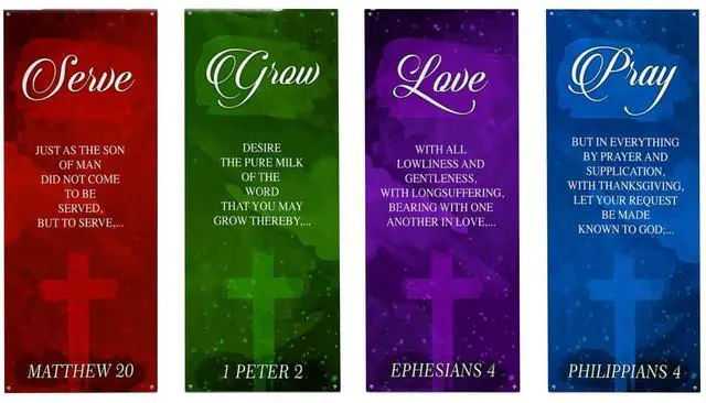 Main image of Church Banners for Sanctuary Wall with Bible Scripture Verses Set of 4 2x5ft Fade Resistant Vinyl Christian Worship, Praise, Welcome Religious Decoration Flags for Church Anniversary & Christmas Event