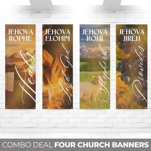 Alt view image 2 of 4 - Church Banners for Sanctuary Wall with Bible Scripture Verses Set of 4 2x5ft Fade Resistant Vinyl Christian Worship, Praise, Welcome Religious Decoration Flags for Church Anniversary & Christmas Event