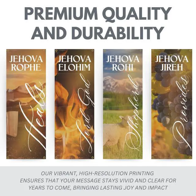 Alt view image 3 of 4 - Church Banners for Sanctuary Wall with Bible Scripture Verses Set of 4 2x5ft Fade Resistant Vinyl Christian Worship, Praise, Welcome Religious Decoration Flags for Church Anniversary & Christmas Event