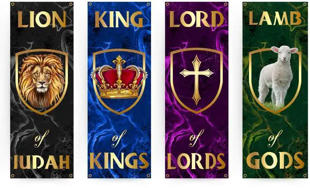 Main image of Church Banners for Sanctuary Wall with Bible Scripture Verses Set of 4 2x5ft Fade Resistant Vinyl Christian Worship, Praise, Welcome Religious Decoration Flags for Church Anniversary & Christmas Event