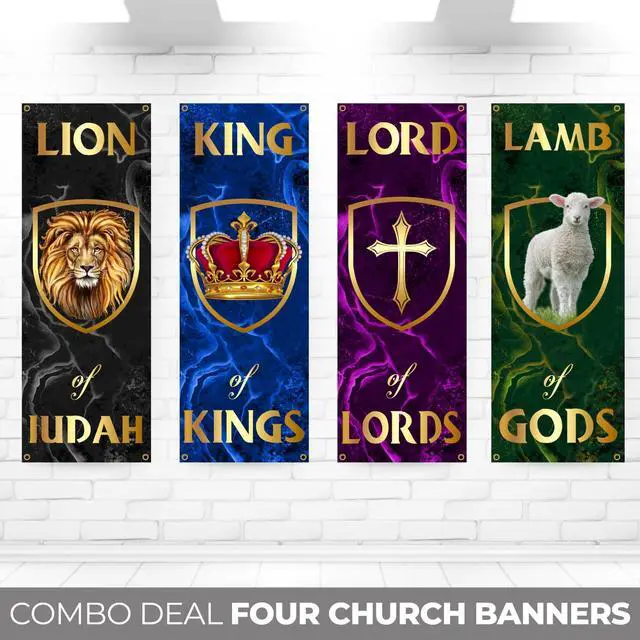 Alt view image 2 of 6 - Church Banners for Sanctuary Wall with Bible Scripture Verses Set of 4 2x5ft Fade Resistant Vinyl Christian Worship, Praise, Welcome Religious Decoration Flags for Church Anniversary & Christmas Event