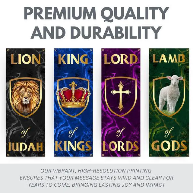 Alt view image 3 of 6 - Church Banners for Sanctuary Wall with Bible Scripture Verses Set of 4 2x5ft Fade Resistant Vinyl Christian Worship, Praise, Welcome Religious Decoration Flags for Church Anniversary & Christmas Event