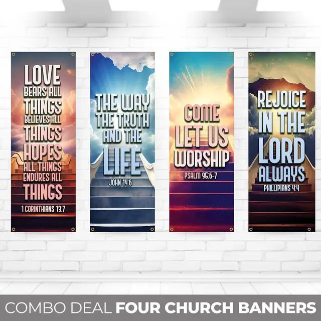 Alt view image 2 of 6 - Church Banners with Scripture - Church Banners For Sanctuary Wall Worship - Welcome Religious Praise Hanging Signs Decorations For Church - Sets of Christian Flexible Banner Patterns Designs - 4 PC
