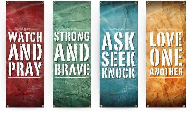 Main image of Church Banners for Sanctuary Wall with Bible Scripture Verses Set of 4 2x5ft Fade Resistant Vinyl Christian Worship, Praise, Welcome Religious Decoration Flags for Church Anniversary & Christmas Event