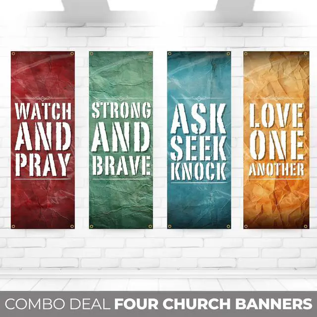Alt view image 2 of 6 - Church Banners for Sanctuary Wall with Bible Scripture Verses Set of 4 2x5ft Fade Resistant Vinyl Christian Worship, Praise, Welcome Religious Decoration Flags for Church Anniversary & Christmas Event