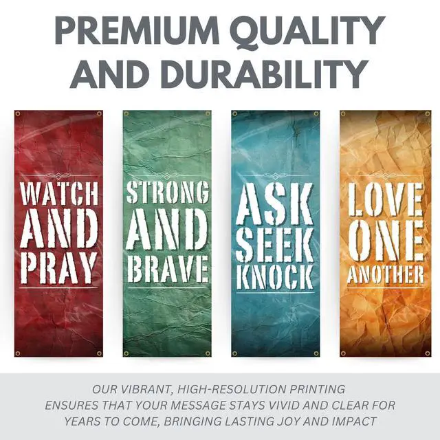 Alt view image 3 of 6 - Church Banners for Sanctuary Wall with Bible Scripture Verses Set of 4 2x5ft Fade Resistant Vinyl Christian Worship, Praise, Welcome Religious Decoration Flags for Church Anniversary & Christmas Event