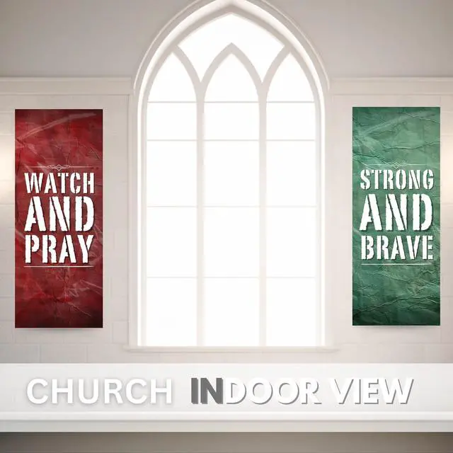 Alt view image 4 of 6 - Church Banners for Sanctuary Wall with Bible Scripture Verses Set of 4 2x5ft Fade Resistant Vinyl Christian Worship, Praise, Welcome Religious Decoration Flags for Church Anniversary & Christmas Event