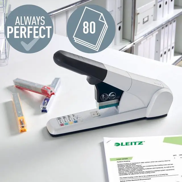 Alt view image 5 of 5 - Heavy Duty Stapler, 80 Sheet Capacity, Ergonomic Metal Body, Includes Staples, 55510084 - Silver