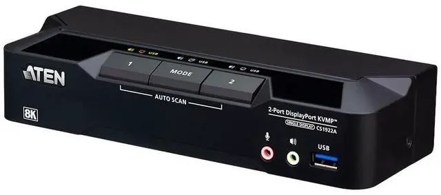 Main image of ATEN CS1922A 2-Port USB 3.0 8K DisplayPort KVM Switch, Control 2 Computers with 1 Monitor, Keyboard, Mouse, 8K@60Hz, 4K@120Hz, HotKey, Push Button, Remote Port or RS-232 Switching, Cables Included