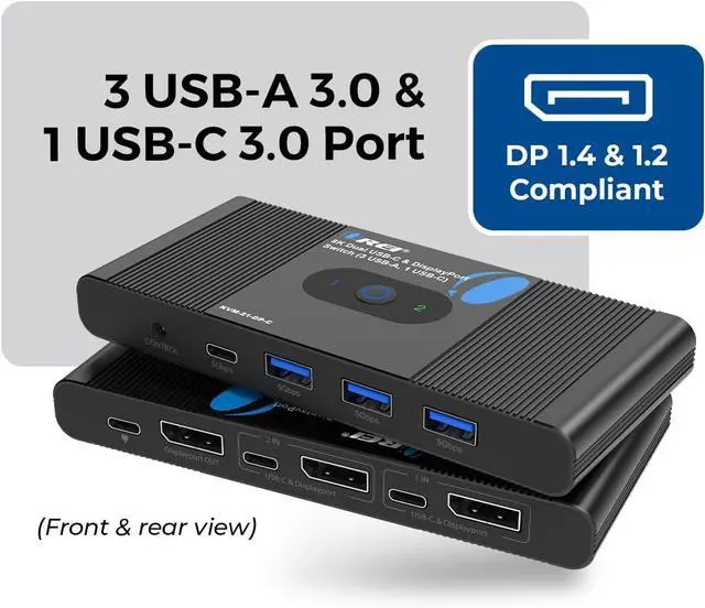 Alt view image 2 of 7 - OREI 8K KVM Switch DisplayPort Switch 2 in 1 Out, USB-C for 2 Computers, DisplayPort 1.4 KVM, KVM Switch 2 Computers 1 Monitor, Supports 4K 144Hz / 120Hz & KVM USB 3.0 Hub