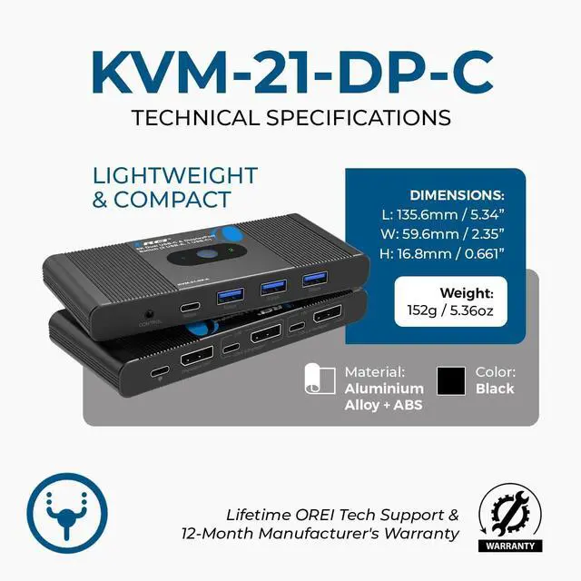 Alt view image 5 of 7 - OREI 8K KVM Switch DisplayPort Switch 2 in 1 Out, USB-C for 2 Computers, DisplayPort 1.4 KVM, KVM Switch 2 Computers 1 Monitor, Supports 4K 144Hz / 120Hz & KVM USB 3.0 Hub