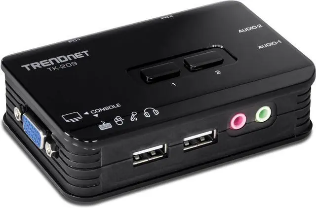 Main image of TRENDnet 2-Port USB KVM Switch Kit with Audio, TK-209K, Control Up to 2 Computers, Windows, Linux, Mac OS Compliant, 2048 x 1536 VGA Resolution, NDAA & TAA Compliant, KVM Cables Included, Black