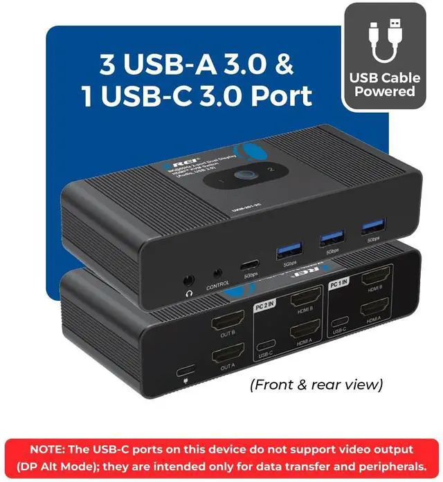 Alt view image 2 of 7 - OREI 2x1 8K Dual HDMI & USB-C KVM Switch, 3X Port USB-A, 1x USB-C Share Multiple Devices, Laptops, PC, on Two Display Monitor, Keyboard Control, Peripheral Control, Analog Audio Out - Wired Remote