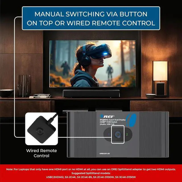 Alt view image 7 of 7 - OREI 2x1 8K Dual HDMI & USB-C KVM Switch, 3X Port USB-A, 1x USB-C Share Multiple Devices, Laptops, PC, on Two Display Monitor, Keyboard Control, Peripheral Control, Analog Audio Out - Wired Remote