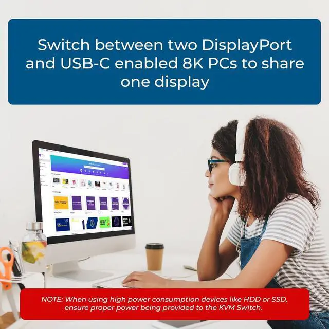Alt view image 6 of 7 - OREI 8K KVM Switch DisplayPort Switch 2 in 1 Out, USB-C for 2 Computers, DisplayPort 1.4 KVM, KVM Switch 2 Computers 1 Monitor, Supports 4K 144Hz / 120Hz & KVM USB 3.0 Hub