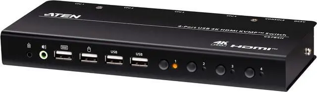 Main image of ATEN CS784H 4-Port USB HDMI KVM Switch - 4K UHD 60Hz, Audio Support, Peripheral Sharing USB 2.0 Hub, Remote Port Selector Control 4 HDMI Computers with One Keyboard, Mouse, Monitor