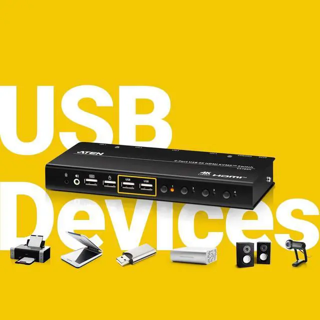 Alt view image 6 of 7 - ATEN CS784H 4-Port USB HDMI KVM Switch - 4K UHD 60Hz, Audio Support, Peripheral Sharing USB 2.0 Hub, Remote Port Selector Control 4 HDMI Computers with One Keyboard, Mouse, Monitor