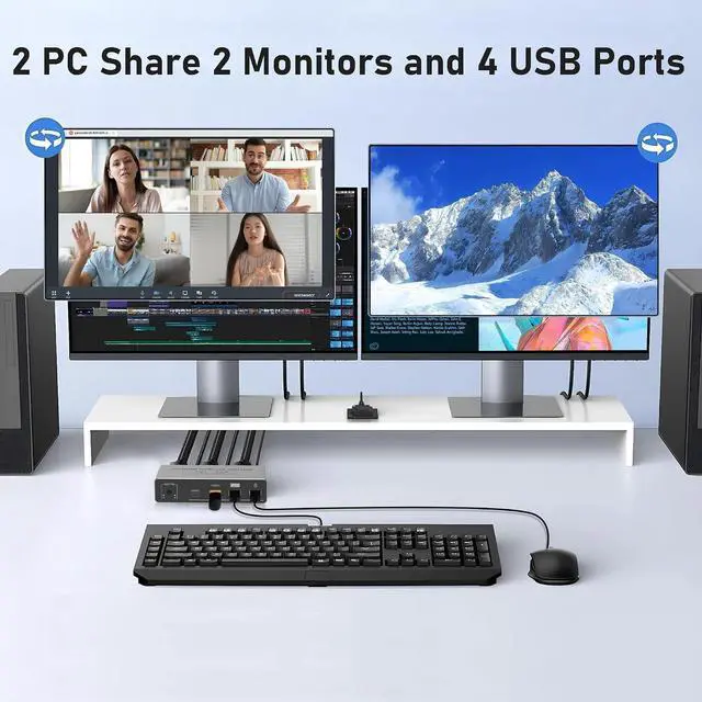Alt view image 5 of 7 - Tendak HDMI KVM Switch 2 Monitors 2 Computers, 8K@60Hz KVM Switch with 4 USB 3.0 Ports Sharing Keyboard Mouse Printer Between 2 PCs, Support EDID/HDCP, with 2 USB Cables, Power Adapter & Controller