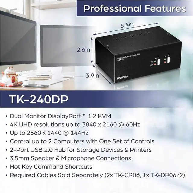 Alt view image 2 of 7 - TRENDnet 2-Port 4K Dual Monitor DisplayPort KVM Switch with Audio, TK-240DP, 2560 x 1440 @ 144Hz, 2-Port USB 2.0 Hub, Connect Two Monitors, NDAA + TAA Compliant, Black