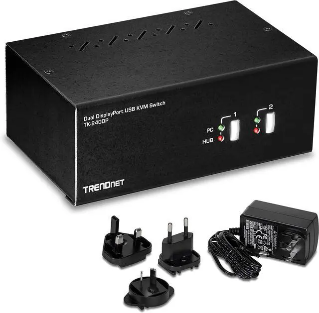 Main image of TRENDnet 2-Port 4K Dual Monitor DisplayPort KVM Switch with Audio, TK-240DP, 2560 x 1440 @ 144Hz, 2-Port USB 2.0 Hub, Connect Two Monitors, NDAA + TAA Compliant, Black