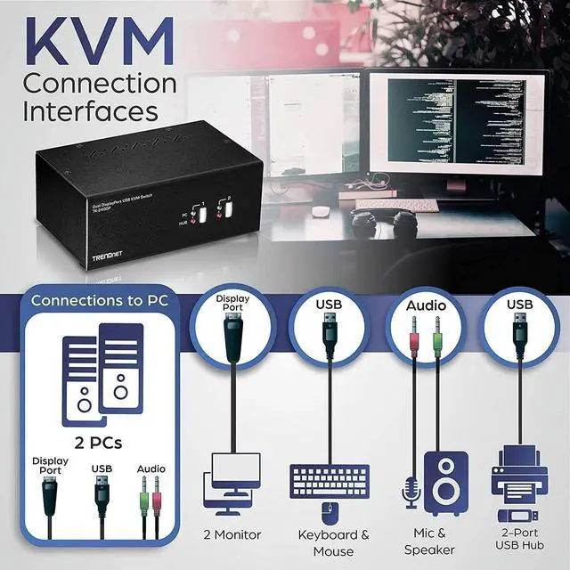 Alt view image 4 of 7 - TRENDnet 2-Port 4K Dual Monitor DisplayPort KVM Switch with Audio, TK-240DP, 2560 x 1440 @ 144Hz, 2-Port USB 2.0 Hub, Connect Two Monitors, NDAA + TAA Compliant, Black