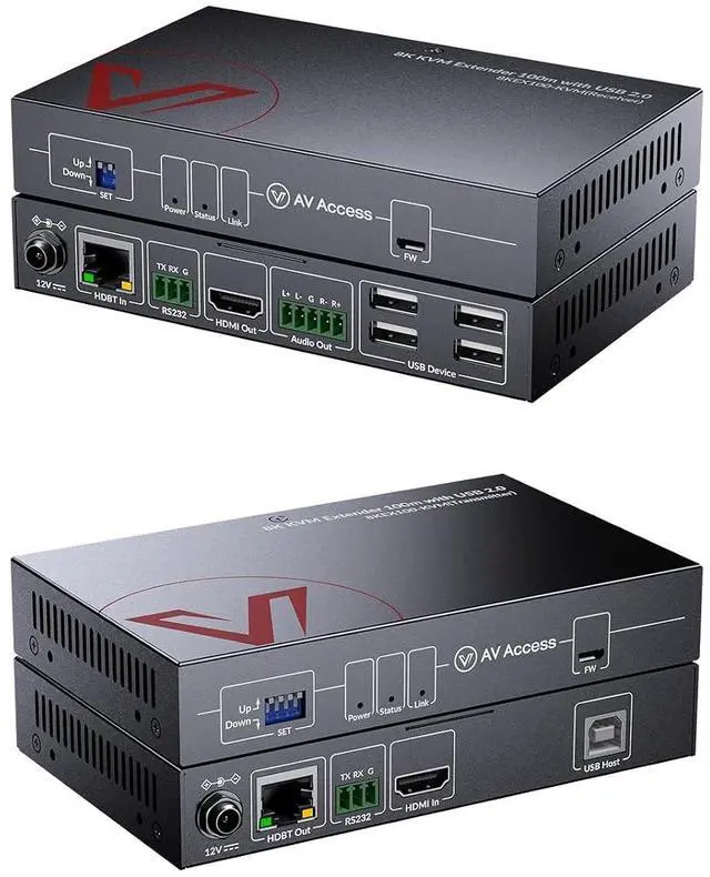 Main image of AV Access 8K KVM HDMI Extender Over CAT6/7, 328ft HDBaseT Extender with 4 USB 2.0 Ports, 8K@60Hz 4:2:0, 4K@120Hz, EDID, HDCP 2.3, Audio Extraction, Zero-Latency, RS232, One-Way PoC, Plug & Play