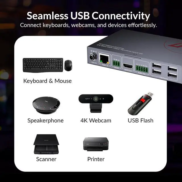 Alt view image 4 of 7 - AV Access 8K KVM HDMI Extender Over CAT6/7, 328ft HDBaseT Extender with 4 USB 2.0 Ports, 8K@60Hz 4:2:0, 4K@120Hz, EDID, HDCP 2.3, Audio Extraction, Zero-Latency, RS232, One-Way PoC, Plug & Play