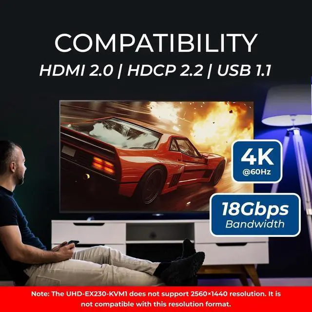 Alt view image 7 of 7 - OREI 4K HDMI Extender Over Ethernet With KVM - 4K@60Hz Up To 230 Feet Over CAT 6/7 - USB 1.1 Keyboard And Mouse Support, Loop Out, Power Over Cable