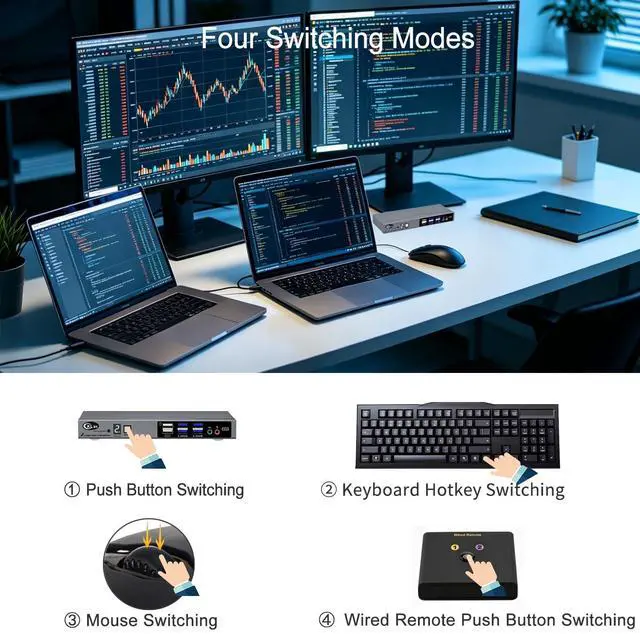 Alt view image 5 of 7 - USB-C MST KVM Switch Dual Monitor 2 Laptops 2 Monitors, 1 Cable per PC Connection, Dual 4K@60Hz Type-C KVM Switcher for Windows, Supports Thunderbolt 4/3, USB4, USB 3.0, Wired Remote