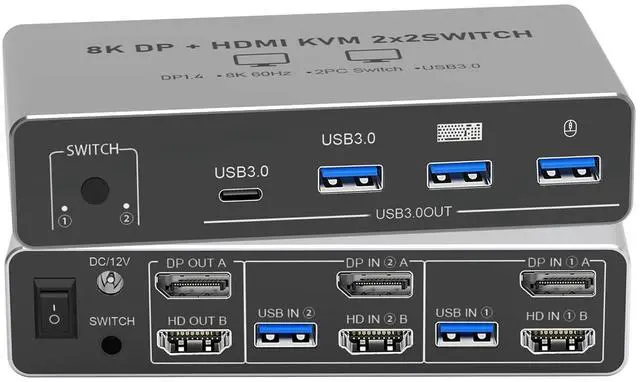 Main image of Tendak HDMI Displayport KVM Switch 2 Monitors 2 Computers, 8K@60Hz Dual Monitor KVM Switches with 4 USB 3.0 Ports for Sharing Keyboard Mouse Hard Drives with 2 USB Cables, Controller & Power Adapter