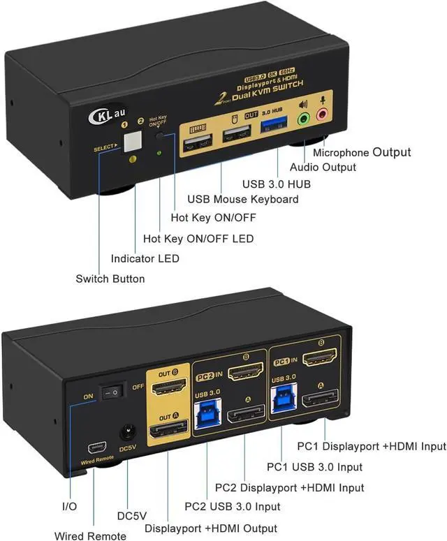 Alt view image 3 of 6 - 2 Port USB 3.0 Dual Monitor KVM Switch Displayport 1.4 + HDMI 2.1 Supports 8K@60Hz, 4K@144Hz with Audio Output and All Input Cables