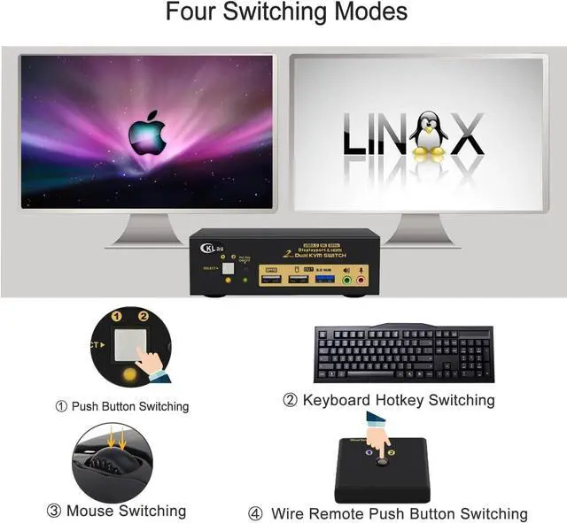 Alt view image 6 of 6 - 2 Port USB 3.0 Dual Monitor KVM Switch Displayport 1.4 + HDMI 2.1 Supports 8K@60Hz, 4K@144Hz with Audio Output and All Input Cables