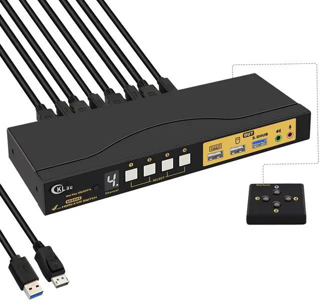 Main image of 4 Port KVM HDMI Switch with Audio, USB 3.0 Hub, Black, Push Button Actuator, Manual Operation