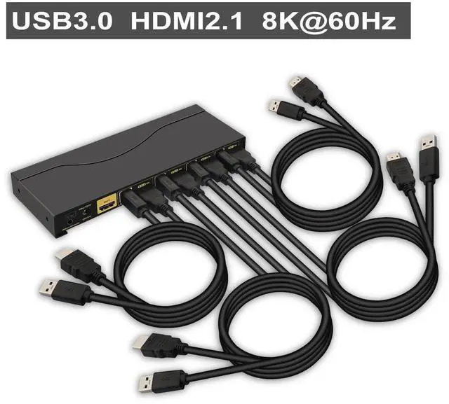 Alt view image 2 of 7 - 4 Port KVM HDMI Switch with Audio, USB 3.0 Hub, Black, Push Button Actuator, Manual Operation