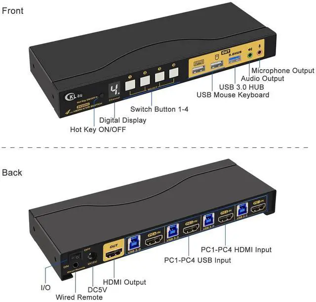 Alt view image 6 of 7 - 4 Port KVM HDMI Switch with Audio, USB 3.0 Hub, Black, Push Button Actuator, Manual Operation
