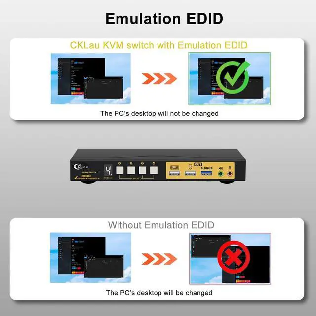 Alt view image 5 of 7 - 4 Port KVM HDMI Switch with Audio, USB 3.0 Hub, Black, Push Button Actuator, Manual Operation