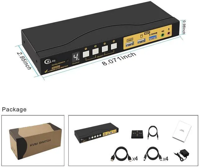 Alt view image 7 of 7 - 4 Port KVM HDMI Switch with Audio, USB 3.0 Hub, Black, Push Button Actuator, Manual Operation