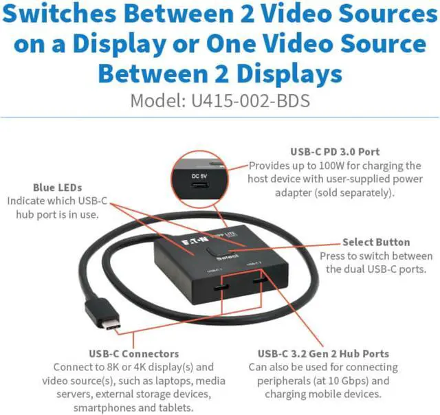 Alt view image 3 of 7 - Tripp Lite 2x1 Bi-Directional USB-C Switch, 10 Gbps Data Transfer, 8K@60Hz or 4K@120Hz Video, 100W PD Charging, USB 3.2 Gen 2, HDCP Passthrough, No Software Needed, 3-Year Warranty (U415-002-BDS)